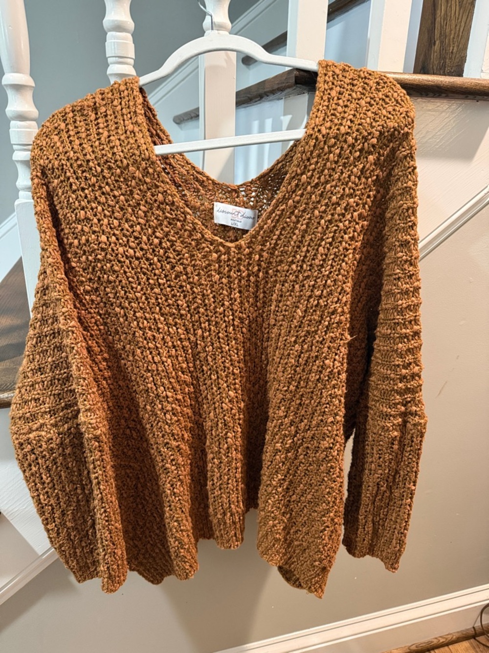 Cozy V-Neck Chunky Knit Sweater - Rust, deep v in front and back